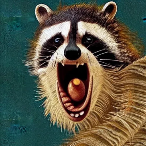 Prompt: a man with the head of a bird screaming at raccoons, realistic, dramatic, detailed