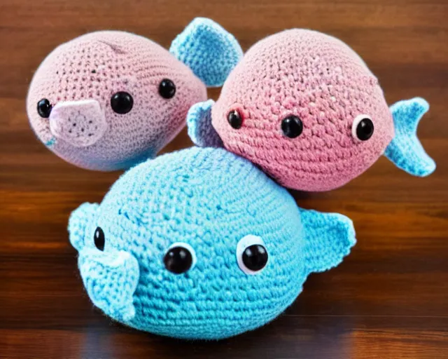Prompt: crocheted blobfish, deep sea fish made of yarn, overstuffed with cotton stuffing, squishy, soft, plush, comfy, comfortable, comforting, soothing, sweet, tender, gentle, kind