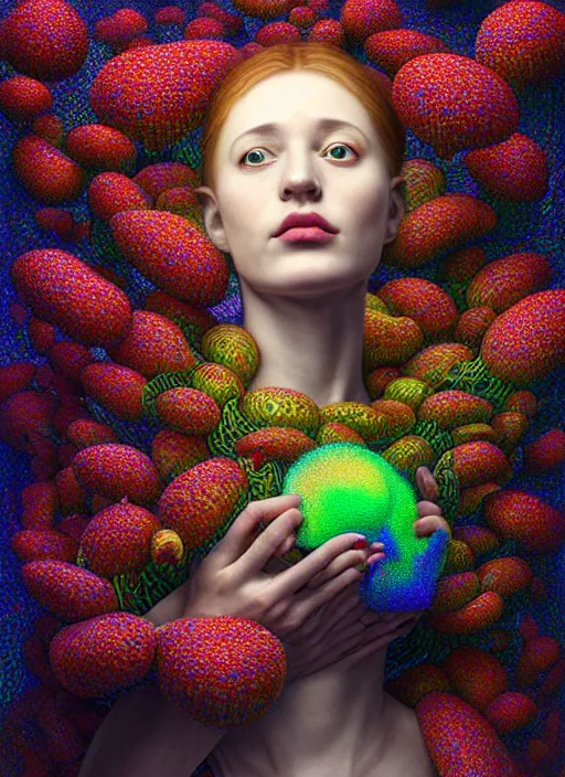 Image similar to hyper detailed 3d render like a Oil painting - Aurora (Singer) Eats of the Strangling Fruit of penance open eyes and Her Hands full of gossamer polyp blossoms bring iridescent fungal flowers whose spores black the foolish stars by Jacek Yerka, Mariusz Lewandowski, Houdini algorithmic generative render, Abstract brush strokes, Masterpiece, Edward Hopper and James Gilleard, Zdzislaw Beksinski, Mark Ryden, Wolfgang Lettl, hints of Yayoi Kasuma, octane render, 8k