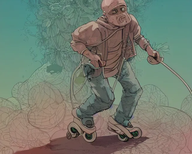 Prompt: a cell shaded cartoon of a monk in rollerblades, illustration, subtle colors, post grunge, concept art by josan gonzales and wlop, by james jean, Victo ngai, David Rubín, Mike Mignola, Laurie Greasley, highly detailed, sharp focus, alien, Trending on Artstation, HQ, deviantart, art by artgem