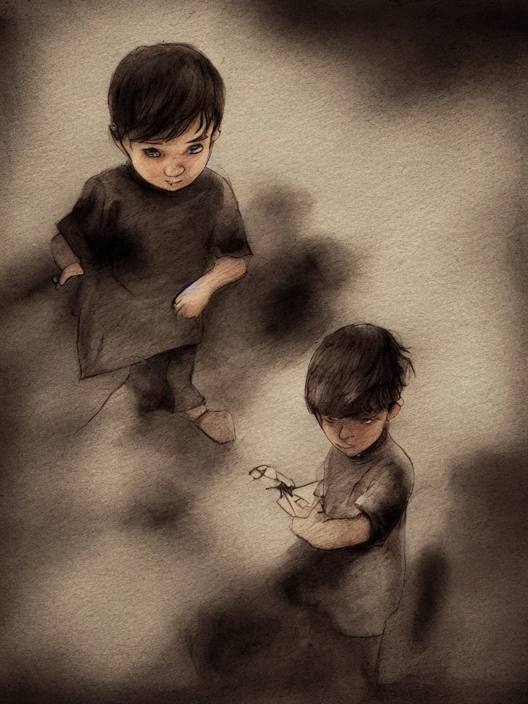 Image similar to dark colored sketches of little boy by concept artists, blunt borders, rule of thirds, whimsical, light and shadow, backlighting