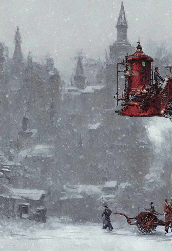 Prompt: Digital Art of a 1914 russian walking steam machine in the snow, Rozalski, trending on artstation