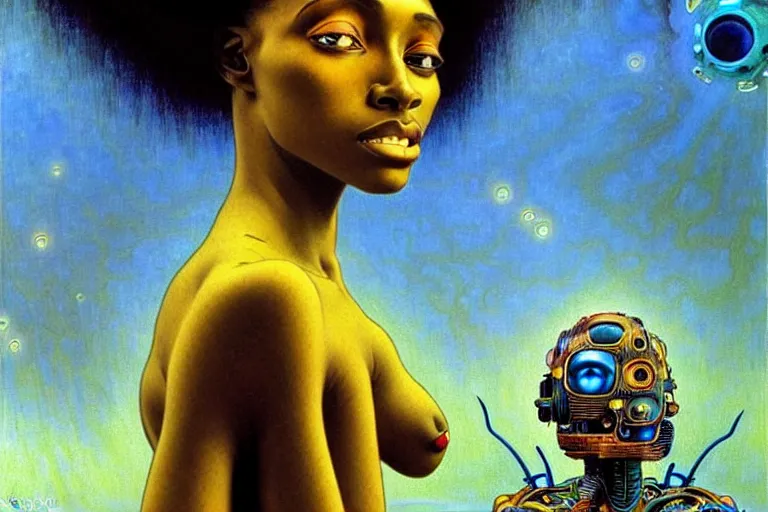 Image similar to realistic extremely detailed portrait painting of a beautiful black woman with a robot, futuristic sci-fi landscape on background by Jean Delville, Amano, Yves Tanguy, Ilya Repin, Alphonse Mucha, Ernst Haeckel, Edward Robert Hughes, Roger Dean, rich moody colours, blue eyes