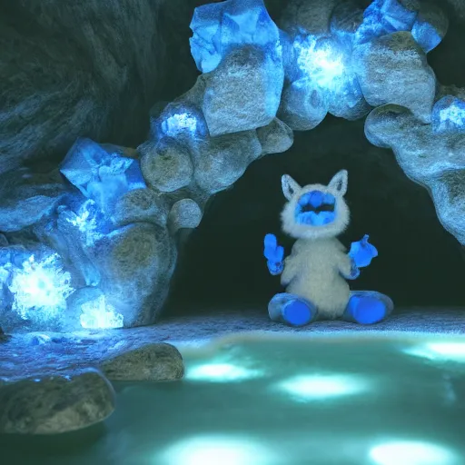 Image similar to a friendly blue furry monster in a cave meditating. glowing crystals. concept art. wet. reflections. waterfall. pond. dark background. semi-realistic. cgi render