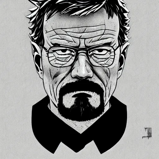 Image similar to a manga artwork of Walter White, in the style Katsuhiro Otomo, high detail, dark, drawing, wallpaper, character design, concept art