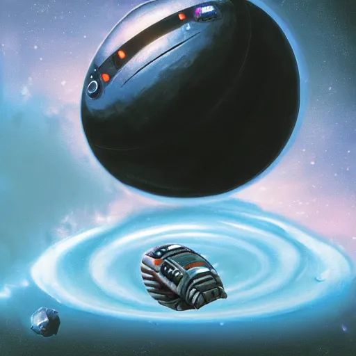 Image similar to Spaceship by the gravity well of a black hole, inspired by Chris Foss and Keith Parkinson