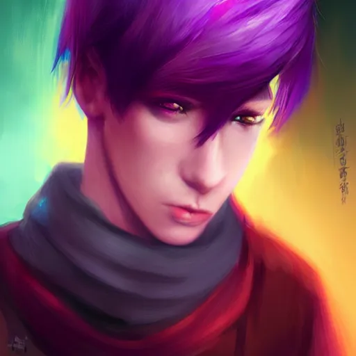 Prompt: colorful and festive captivating teenager boy with straight purple hair, purple eyes with red eye markers, slim body, wearing japanese combat clothes. rich vivid colors, ambient lighting, dynamic lighting, 4 k, atmospheric lighting, painted, intricate, highly detailed by charlie bowater