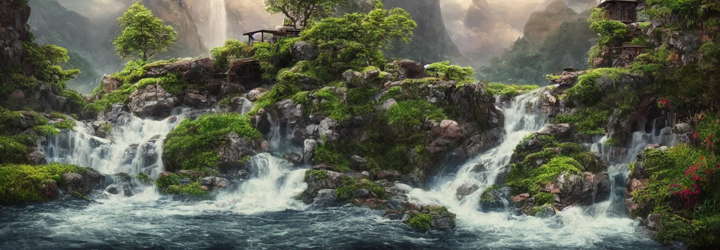 Image similar to dramatic high detail mate painting,a beautiful and peaceful place that has 4 weather seasons at a time, the position of the house on a hill there is a waterfall, small river, octane render, cinematic lightning, HD, 8k, by RAFFAELLO OSSOLA and Tyler Edlin, trending on instagram, artstation