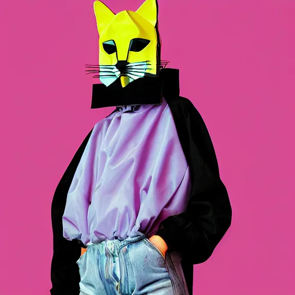 Prompt: model in plastic cat mask wearing baggy colorful 9 0 s jacket by rick owens. magazine ad. pastel brutalist background.