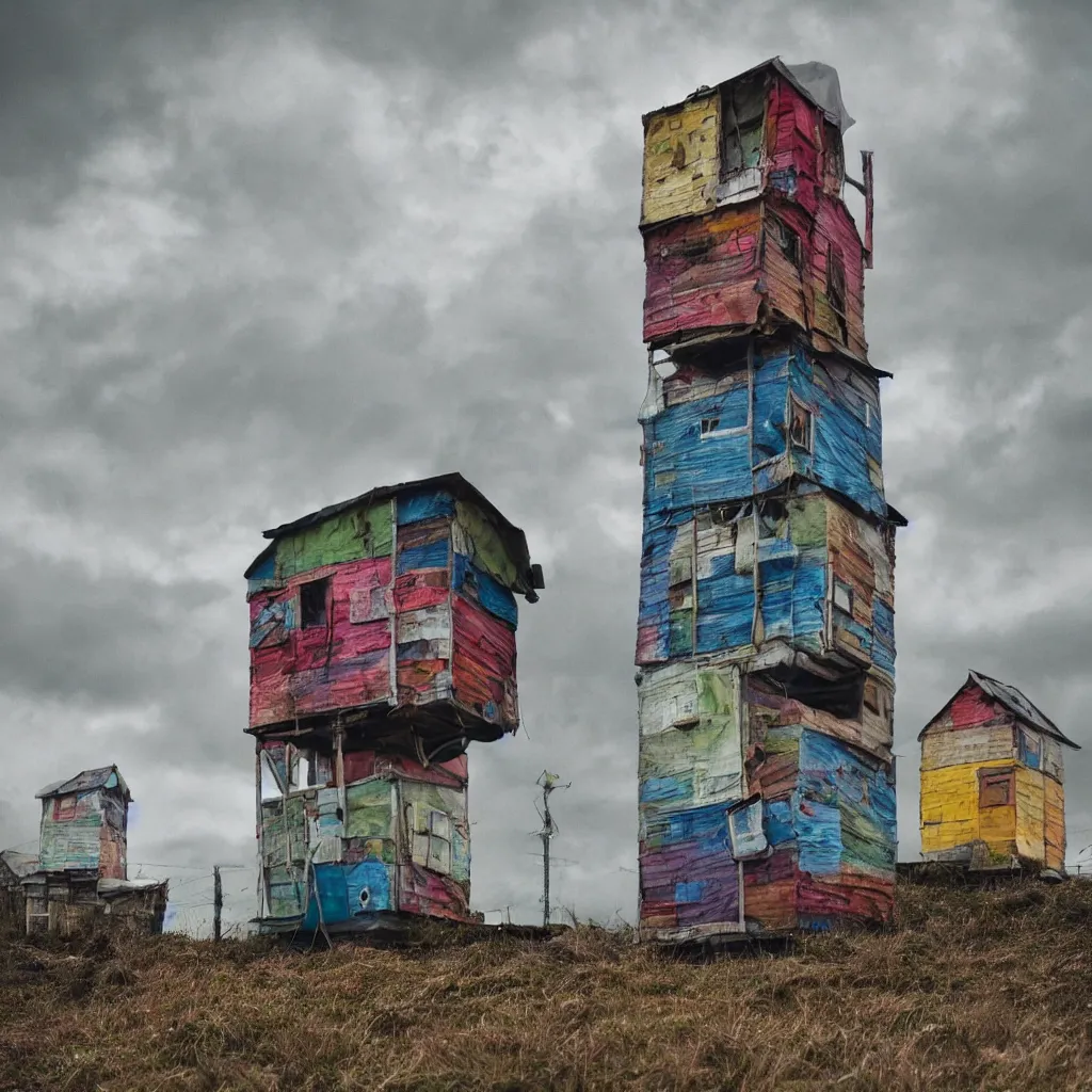 Image similar to close - up view of a tower made up of colourful makeshift squatter shacks, bleached colours, moody cloudy sky, dystopia, mamiya, very detailed, photographed by cristina de middel