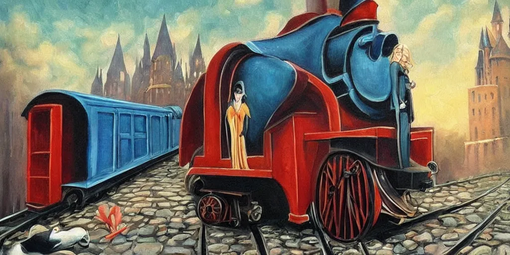 Prompt: mysterious painting of Hogwarts train and a beautiful female conductor