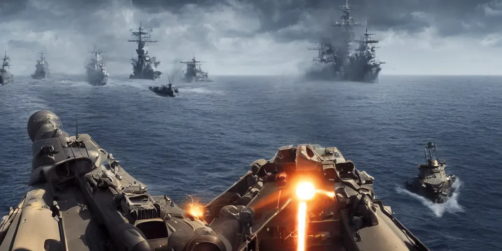 Prompt: far away, epic, long shot, naval battle with battleships and torpedoes and bullet tracers flying, dramatic lighting, high definition, high detail, photorealisitc, 8k,