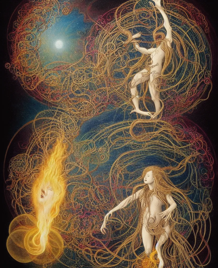 Prompt: at bifrost, a whimsical wild child creature radiates a unique canto'as above so below'while being ignited by the spirit of haeckel and robert fludd, breakthrough is iminent, glory be to the magic within, in honor of venus, painted by ronny khalil