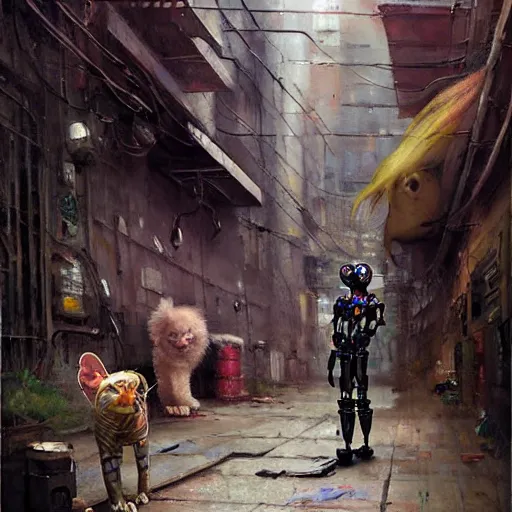 Image similar to a sphynx with robotic parts cat, in a cyberpunk alleyway by daniel gerhartz