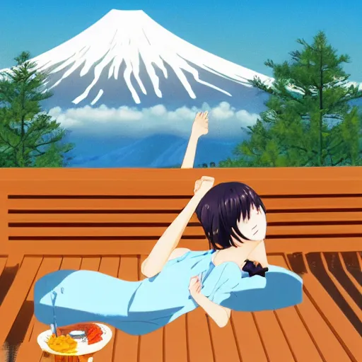 Prompt: moescape anime key visual of a slice of life girl relaxing in a sauna, mount fuji in the background, pixiv