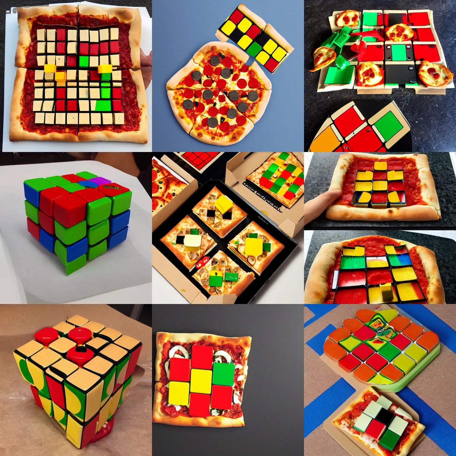 Prompt: a pizza as a rubik's cube