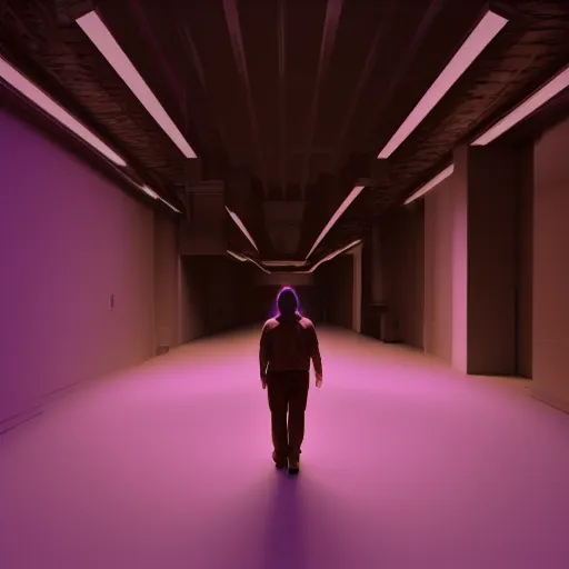 Prompt: a person standing in a dark hallway with a purple light, a 3D render by George Lucas, featured on polycount, cubo-futurism, volumetric lighting, rendered in unreal engine, cinematic lighting