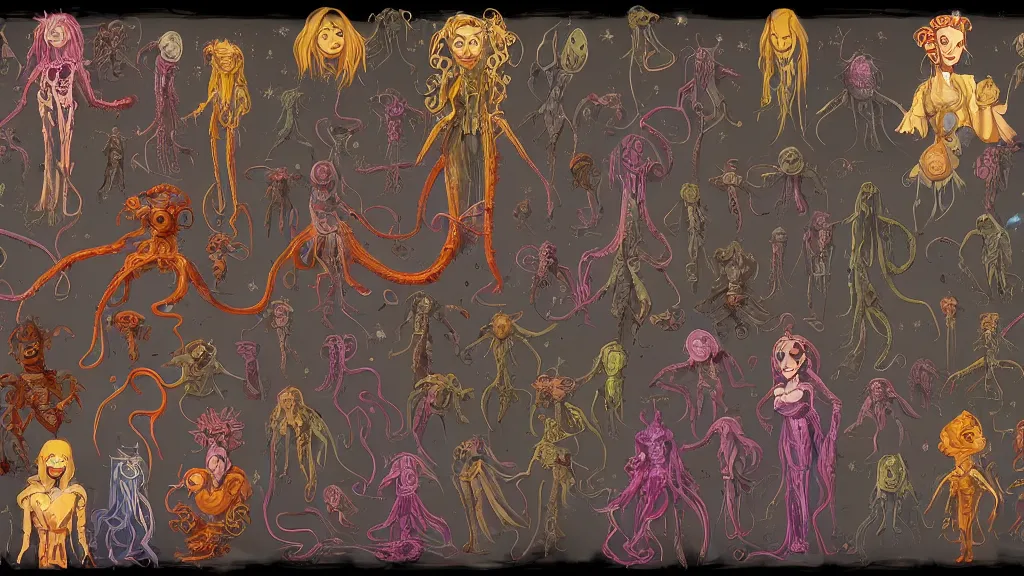 Image similar to highly detailed colorful character sheet for a stocky extraterrestrial victorian female servant maid with thick snake - like tentacles for hair, long dress with apron, star wars, jim henson creature shop, farscape, impact by craig mullins, by studio ghibli, digital art, trending on artstation, hd, 8 k, highly detailed, good lighting, beautiful, masterpiece