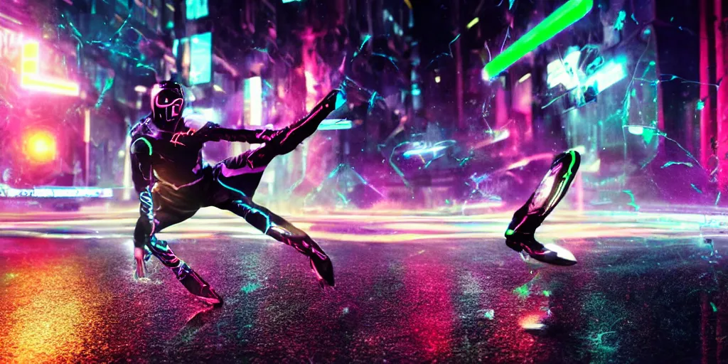 Image similar to slow motion picture of futuristic break dancer wearing dark tron suit with neon lights, long exposure shot , at night in the middle of a rainy street, paddles of water, rim lights, glossy reflections, octane render, detailed and soft, by laurie greasley