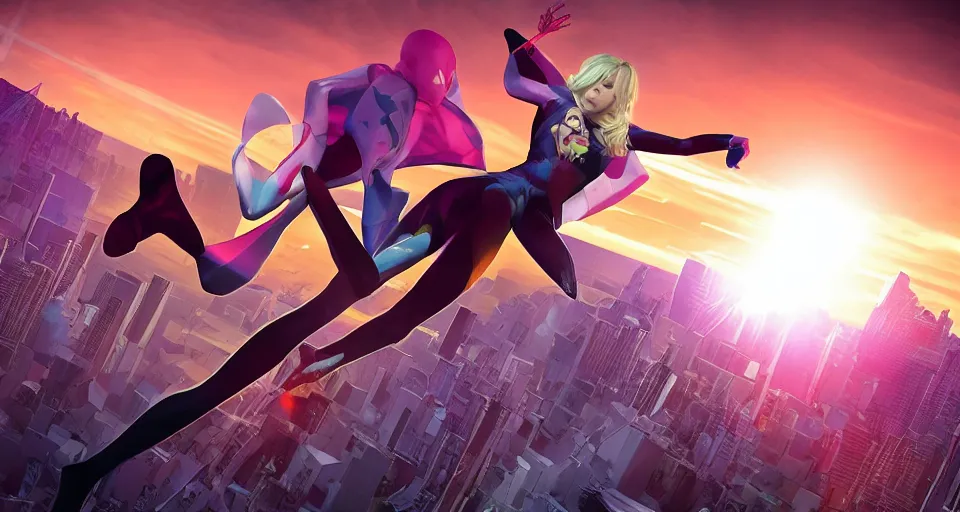 Image similar to Marvel Comics SpiderGwen, bats, sunset, volumetric lighting, hyperrealistic, beautiful details, HDR, octane render, action shot, wide angle, bokeh, Yasushi Niarasawa Moebius Jim Steranko John Byrne Style