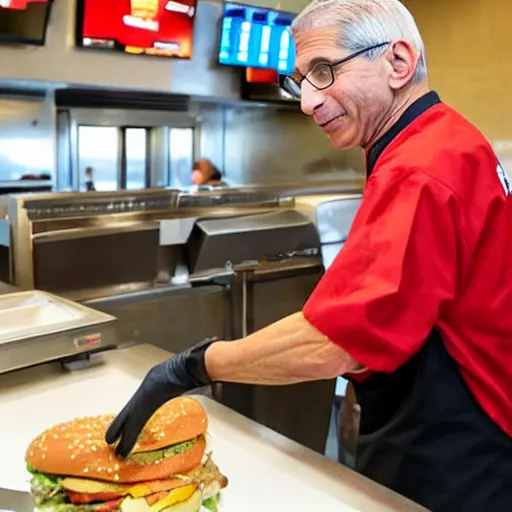 Image similar to A photo of Dr. Anthony Fauci flipping burgers at a fast food restaurant