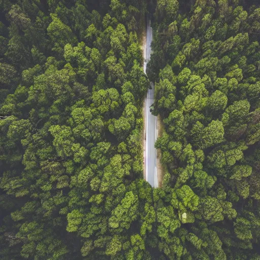 Prompt: areal drone shot of a road and forrest