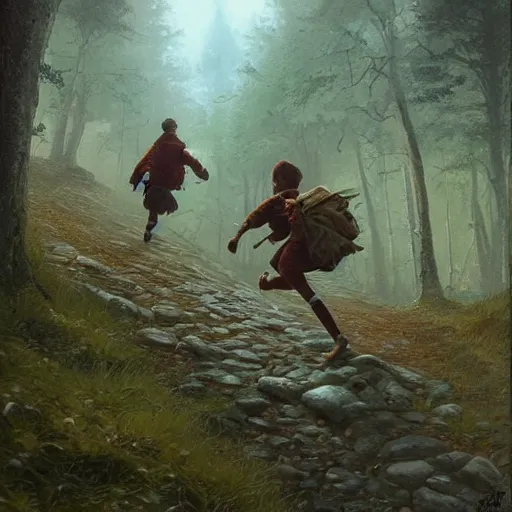 Prompt: a beautiful painting of a boy running up a hill toward a campsite being chased by bandits by Greg Rutkowski and Michael Whelan, fantasy setting,  amazing lighting, lush woodland.