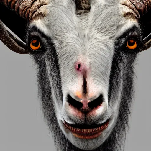 Prompt: creepy goat with deteriorated skin, burnt, dark, horror face, scary, dark, photorealistic, surreal, cosmic horror, 8 k, extreme details, detailed face