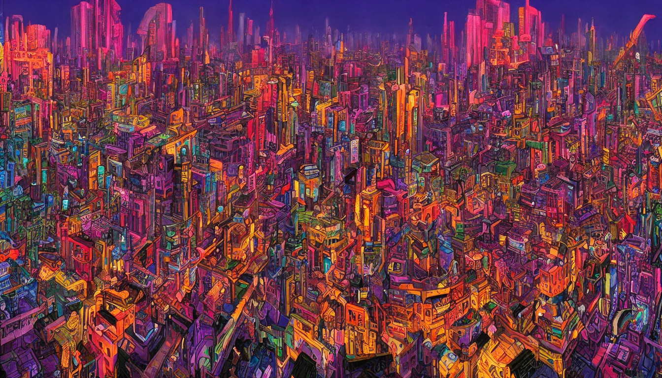 Image similar to surreal colorful nightmarish cityscape, 4k artwork by Ralph Bakshi