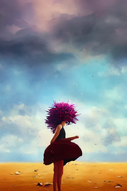 Image similar to closeup, giant flower head, a girl on beach, surreal photography, wind and cold, dramatic sky, impressionist painting, digital painting, artstation, simon stalenhag