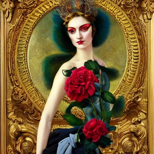 Prompt: dynamic composition, a painting of a woman with green eyes and hair made of peacock plummage, a surrealist painting with ornate carved-gilded-rose-rococo background by Tom Bagshaw and Jacek Yerga and Tamara de Lempicka, featured on cgsociety, pop surrealism, surrealist, wiccan, pre-raphaelite, ornate gilded details