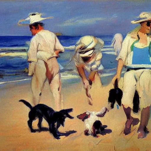 Prompt: dogs on the beach painted by sorolla