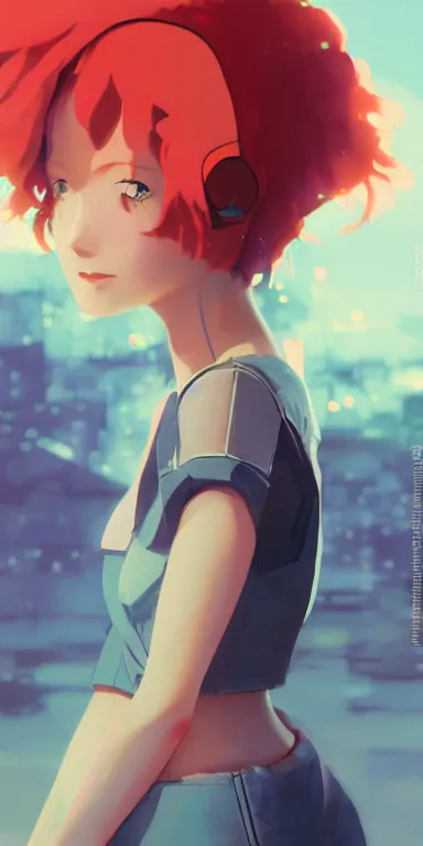 Prompt: synthwave concept art of young cute curvacious redhead cyborg woman softly smiling at camera wearing 🩳 and 👕 illustration illustration concept art anime by wlop and greg rutkowski and makoto shinkai and studio ghibli and kyoto animation acrylic on canvas