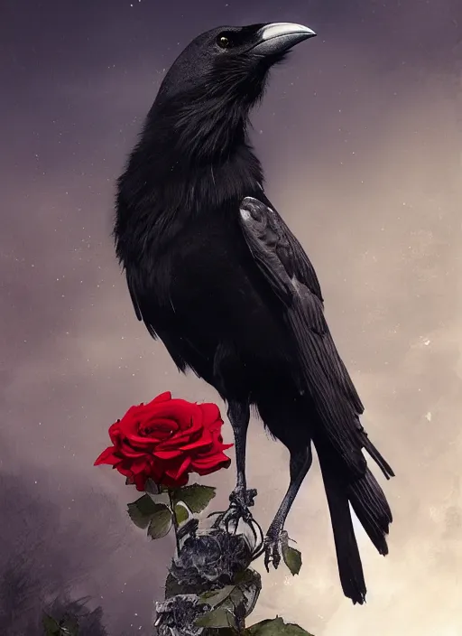 Prompt: portrait, A crow with red eyes in front of the full big moon, book cover, red roses, red white black colors, establishing shot, extremly high detail, foto realistic, cinematic lighting, by Yoshitaka Amano, Ruan Jia, Kentaro Miura, Artgerm, post processed, concept art, artstation, raphael lacoste, alex ross