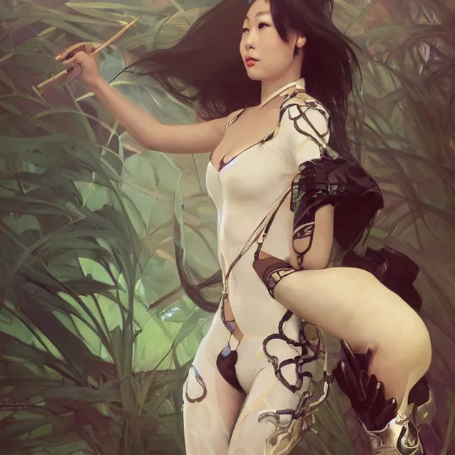Image similar to asian domme mistress, full body, dominatrix, tribal, smooth white tight clothes suit, ornate, very beautiful, concept art, realistic painting, androgynous, afrofuturism, daz 3 d, cinematic, cgsociety, digital art by greg rutkowski, by alphonse mucha