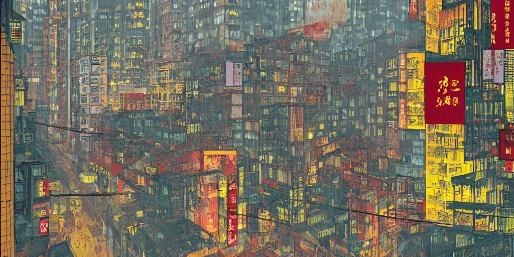 Image similar to through a window, view in hong kong, by dan mumford and peter doig and edward hopper, minimal, black in, thick lines highly detailed, muted colours, overlaid with chinese adverts, 8 k