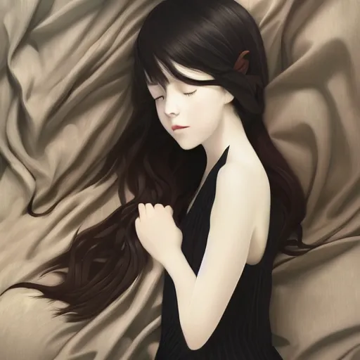 Image similar to little girl with an long black hair dressed in a simple white dress sleeping, anime art style, digital art ilya kuvshinov, inspired by balthus, hd, 4 k, hyper detailed, dark, anatomically correct, angelic face, pic