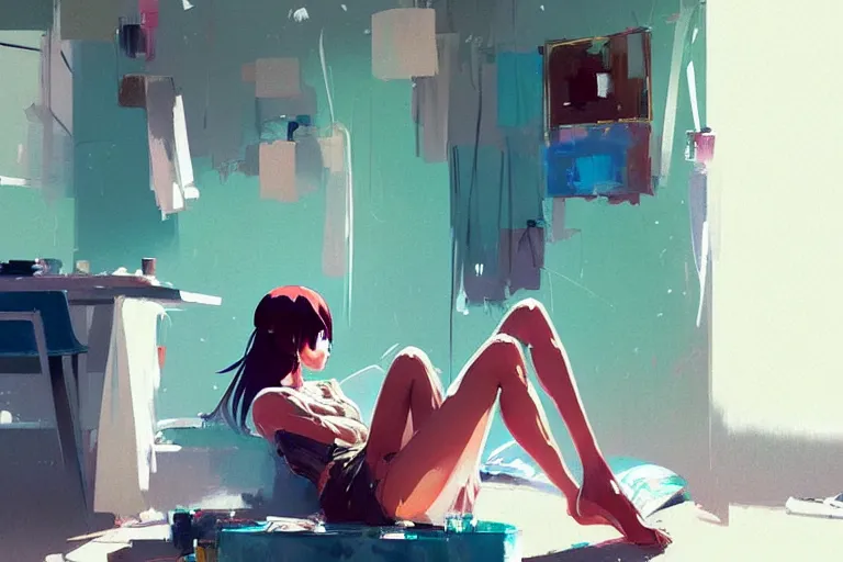 Image similar to a ultradetailed beautiful panting of a stylish woman sitting in a messy apartment, by makoto shinkai, conrad roset and greg rutkowski, trending on artstation