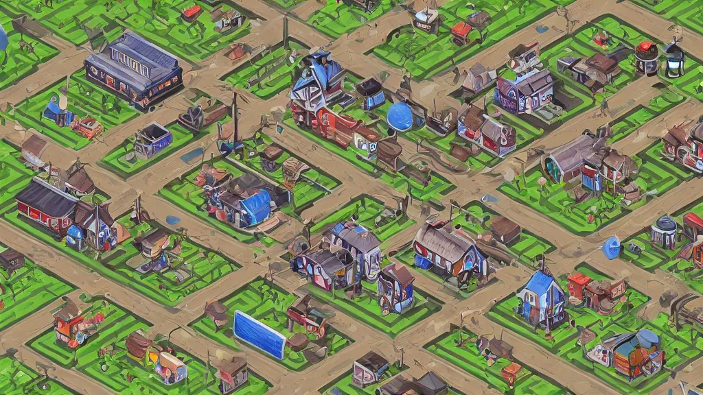 Image similar to photorealism spoiled isometric railroad village / city setting