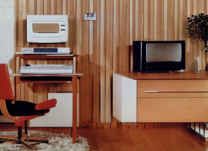 Image similar to 1 9 8 0 s living room with wood panel walls with apple iie computer in the corner on a roll - top desk and television on top