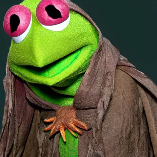 Image similar to kermit the frog as a skeksis in the dark crystal