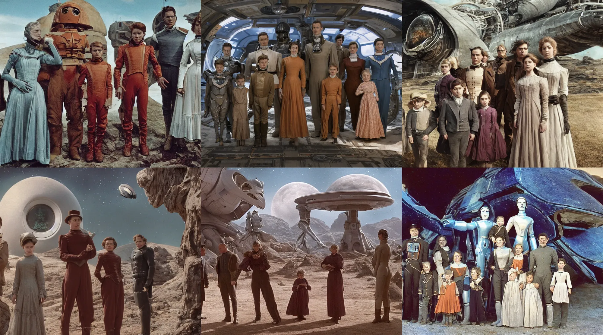 Prompt: sharp, detailed, 256k film still from a sci fi blockbuster color movie made in 2020, set in 1890, of a family standing in front of a spaceship that has just landed on an alien planet, a humanoid alien creature stands nearby, the family are all wearing 1850s era clothes, cinematic lighting, good photography, sharp focus