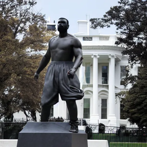 Image similar to a granite statue of kanye west, infront of the white house, photograph