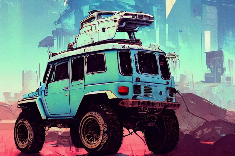 Image similar to digital illustration of a futuristic faded cyan mad max's fj 4 0 decrepit!!!! pursuit special, rusty!!! cyberpunk nissan fj cruiser heavily modded 1 9 9 0 s, the last v 8 interceptor by makoto shinkai, ilya kuvshinov, lois van baarle, rossdraws, basquiat