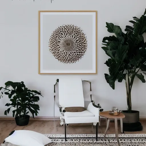 Prompt: a minimalist mockup photo with large blank frame, in a white clean boho style interior, all smooth white walls, trending on pinterest