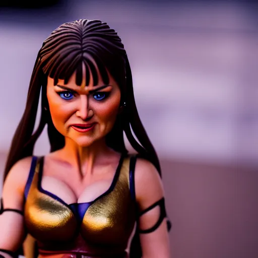 Image similar to a cinematic film still of a claymation stop motion film starring lucy lawless as xena warrior princess, shallow depth of field, 8 0 mm, f 1. 8