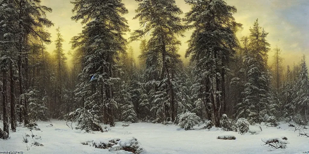 Prompt: snowy landscape in a forest, cabin in the center, by ivan shishkin
