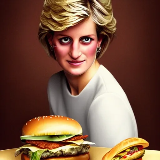 Image similar to portrait of a Princess Diana eating a hamburger, extra onions and ketchup, luscious patty with sesame seeds, masculine, handsome, D&D, fantasy, intricate, elegant, highly detailed, digital painting, artstation, concept art, matte, sharp focus, illustration, art by Artgerm and Greg Rutkowski and Alphonse Mucha