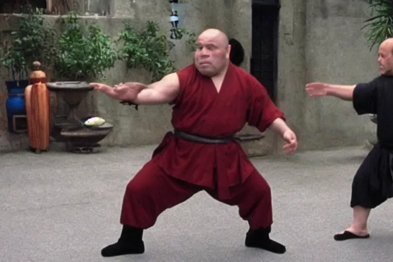 Prompt: 6 0 0 pound dwarf doing kung fu practice in the matrix