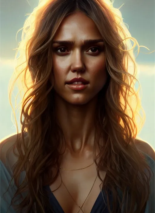 Prompt: half Jessica Alba half Nathalie Portman a pure gorgeous seductive angel, full body portrait, slight smile, diffuse natural sun lights, autumn lights, highly detailed, digital painting, artstation, concept art, sharp focus, illustration, art by wlop and greg rutkowski and alphonse mucha and artgerm